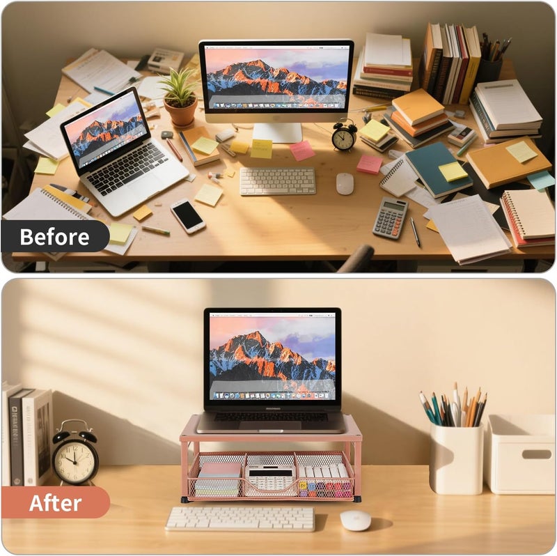 Gugsey Small Laptop Stand for Desk, Monitor Stand Riser, Office Desk Accessories, Computer Desktop Stand with Drawer for Home, Office, School (Bronze) - Image 4